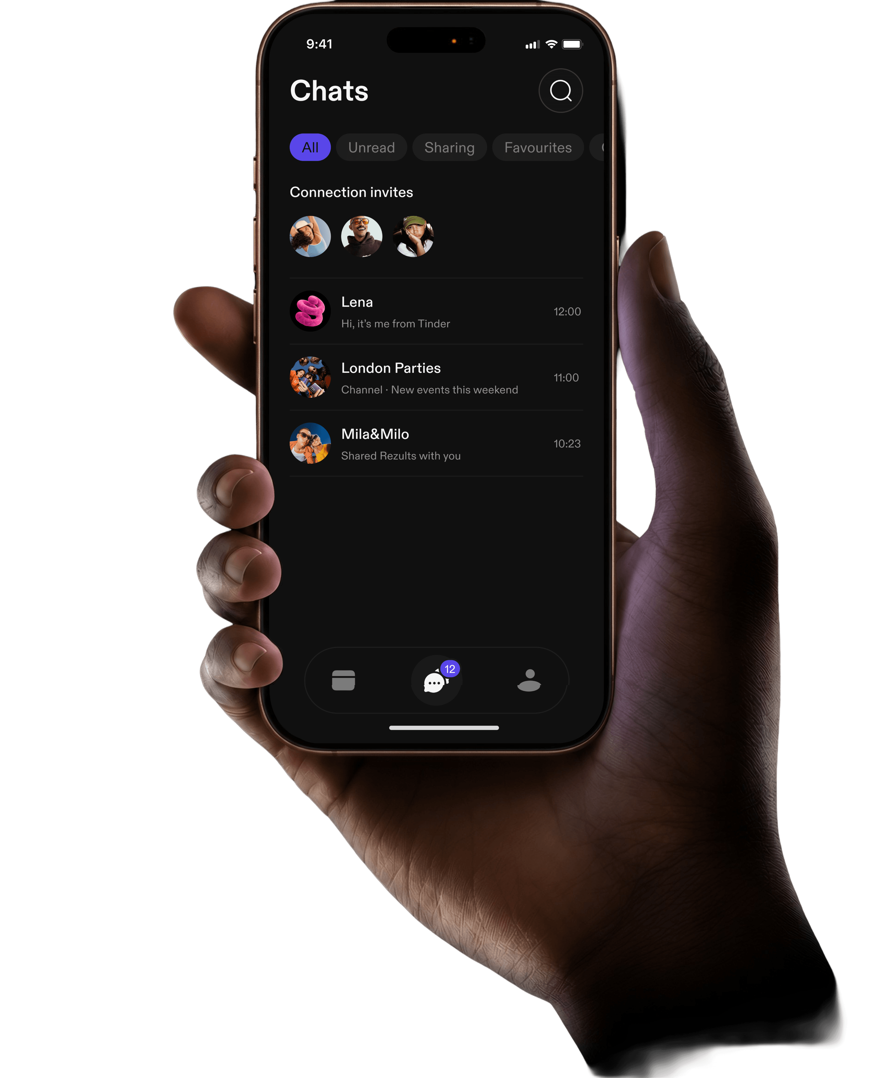 A hand holding a phone open on the chats list
