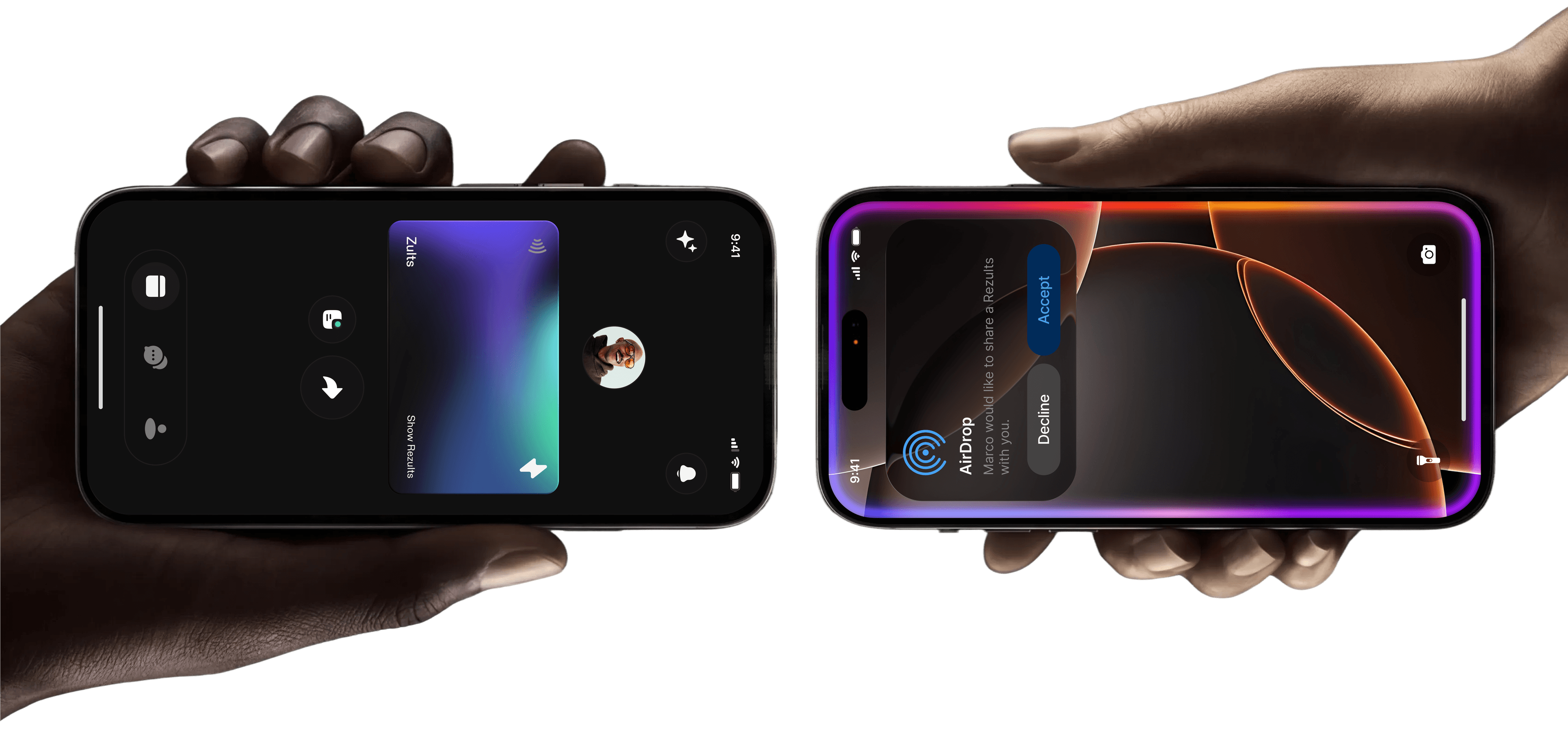 Two hands holding phones that touch to share Rezults